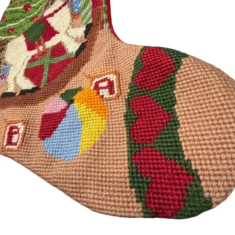 Vintage‎ Wool Needlepoint Christmas Stocking Velvet Back Holiday Decoration Toys